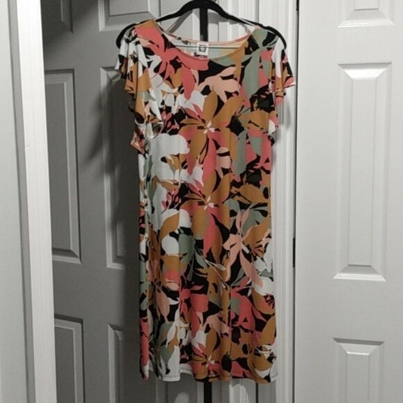 Anne Klein Coral Multi Color Flutter Sleeve Tropical Flower Dress - Picture 5 of 16